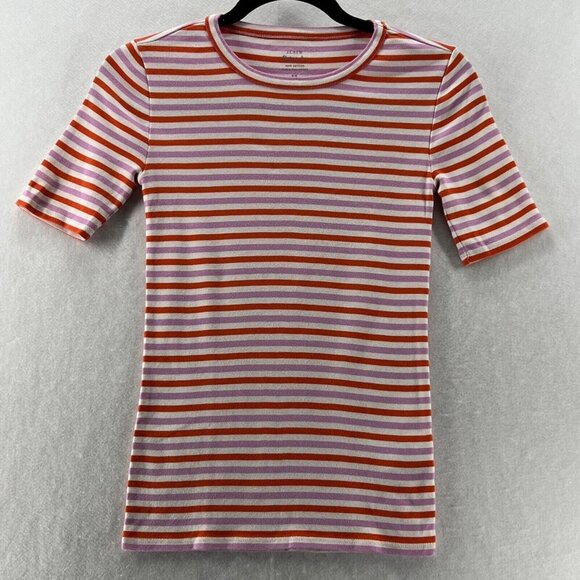 J.CREW Perfect Fit Top Womens Sz XS Striped Crewneck Short Sleeve Orange Purple - Picture 1 of 10